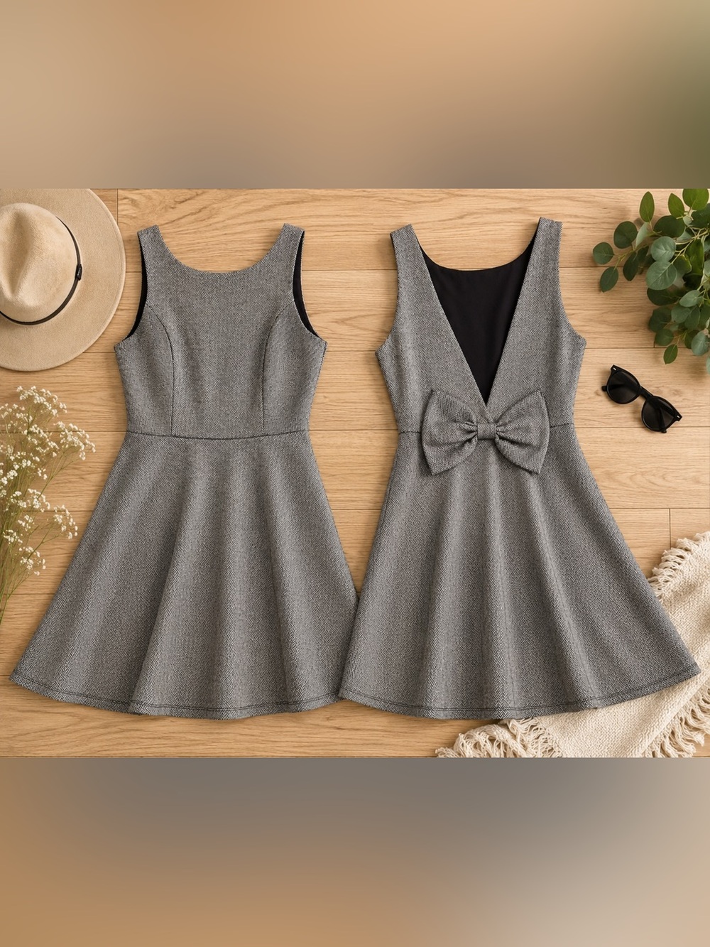 Monteau Gray Herringbone Sleeveless Bow Back Fit & Flare Dress Size S